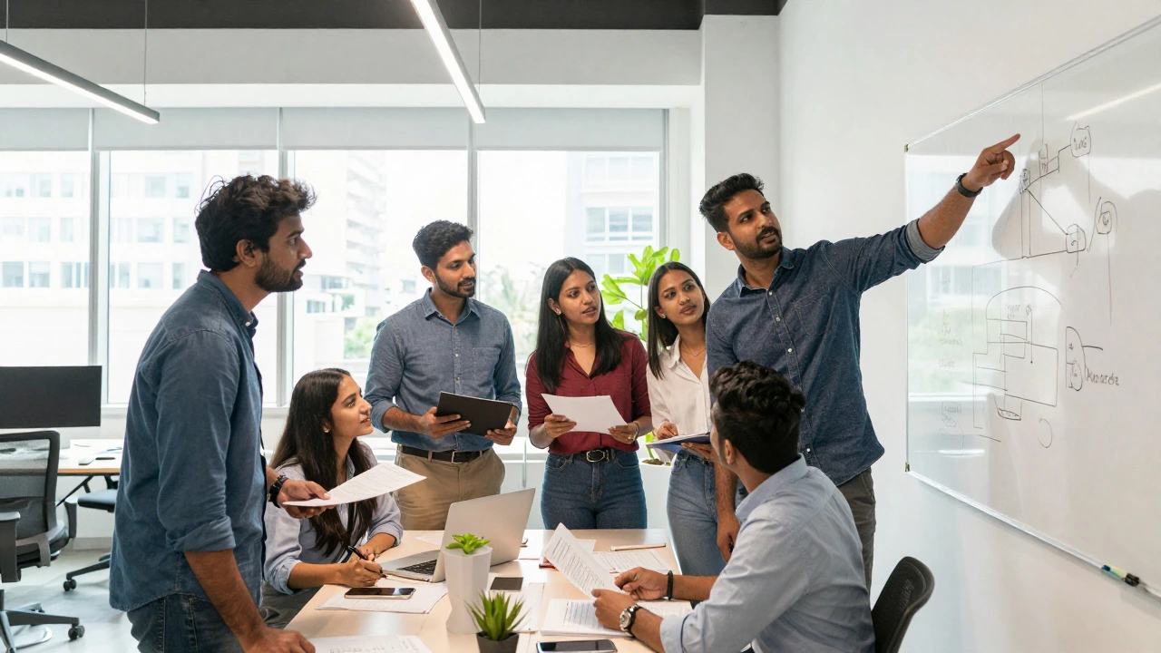 Young Indian startup team collaborating in modern co-working space