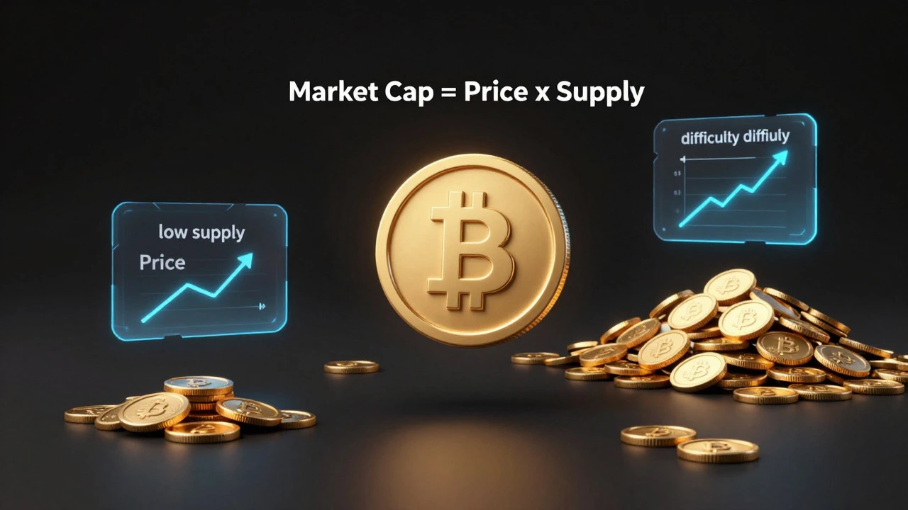 3D graphic showing market cap formula and coin supply differences