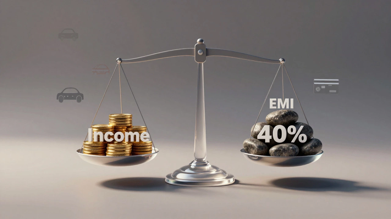 Balance scale illustrating income versus 40% debt-to-income ratio