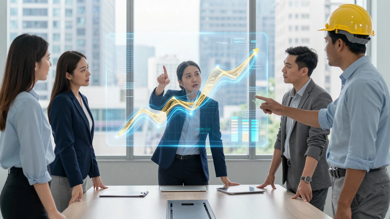 Business owners discussing cash flow strategies around a table with abstract projections