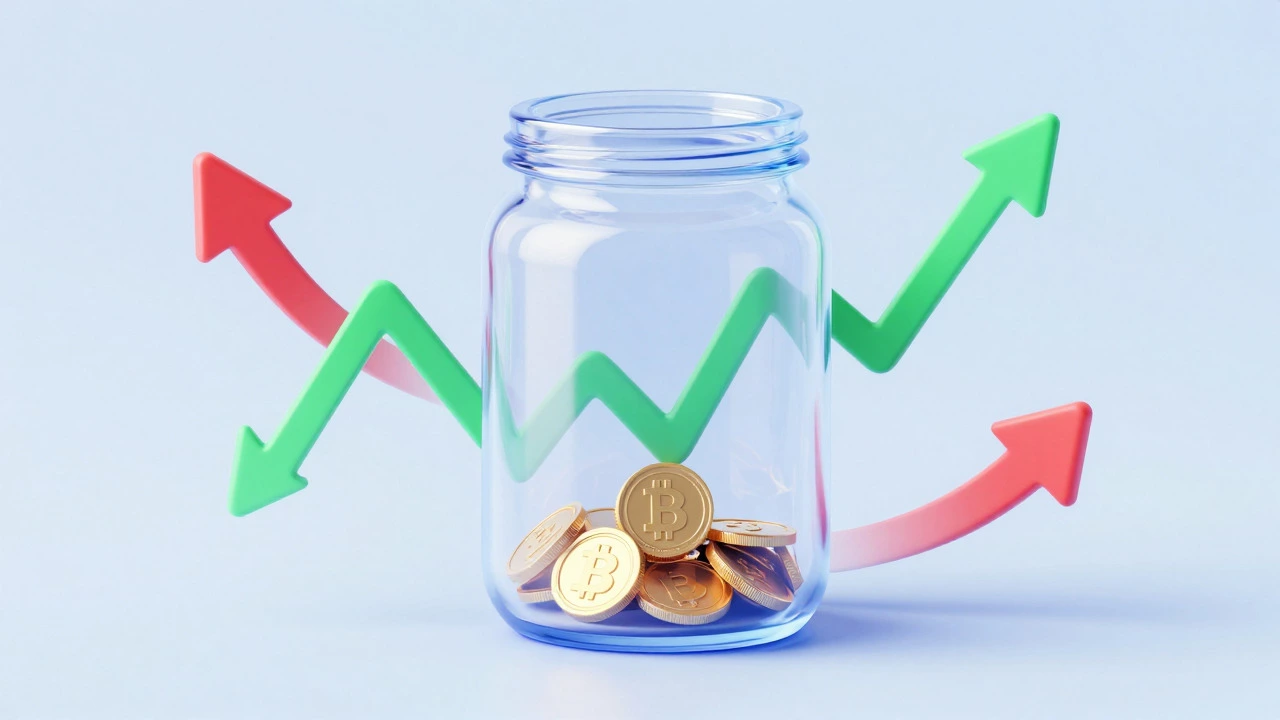 Glass jar with few coins surrounded by volatile market arrows
