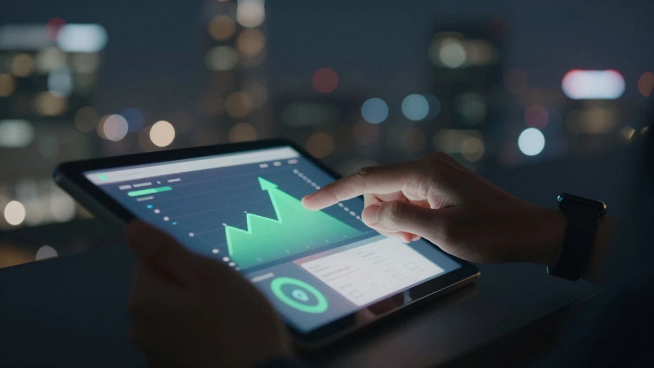 Hands using a tablet to manage bank accounts with a city skyline background