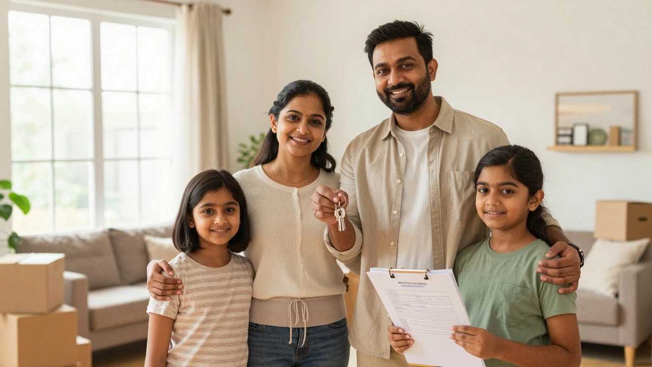 Happy Indian family holding house keys in their new living room