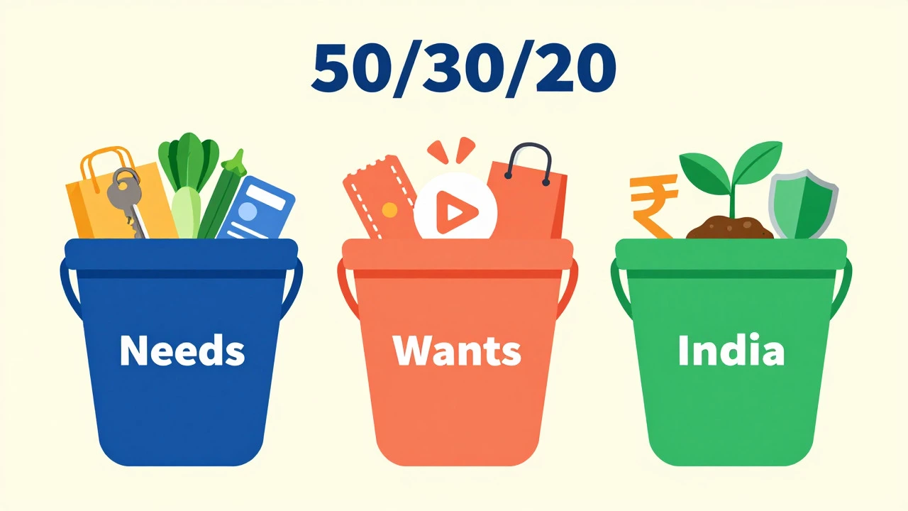 Illustration of three buckets representing needs, wants, and savings with Indian context icons