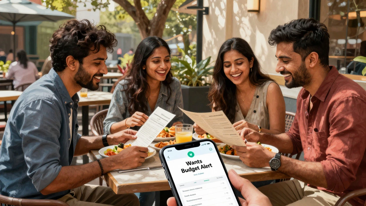 Indian friends enjoying brunch at cafe with budget alert visible on phone in foreground