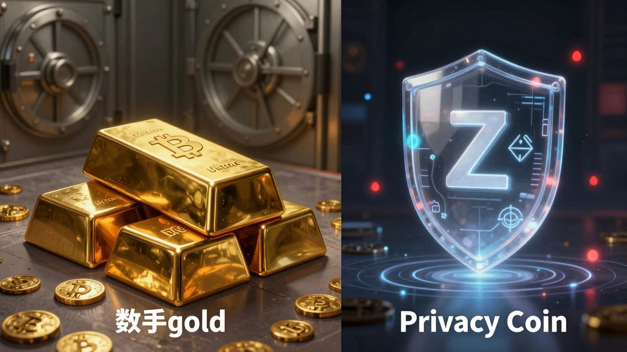 Split image of stable Bitcoin gold bar vs risky privacy coin shield