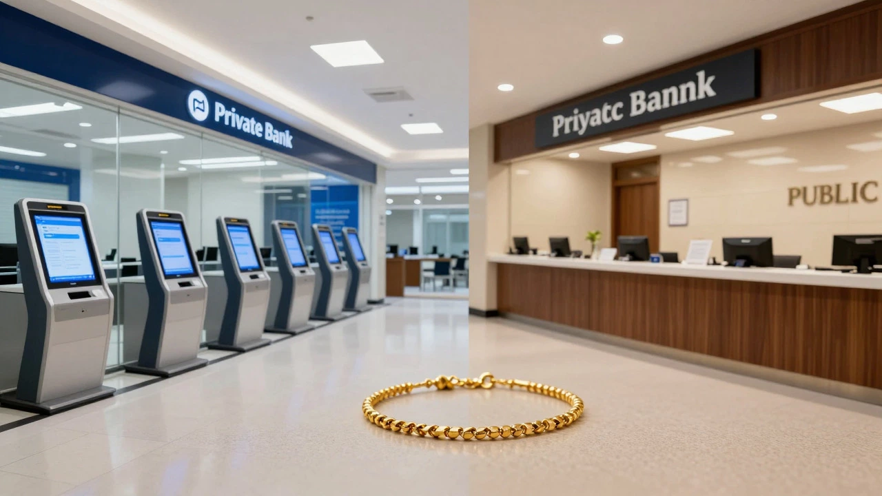 Split view comparing modern and traditional bank interiors
