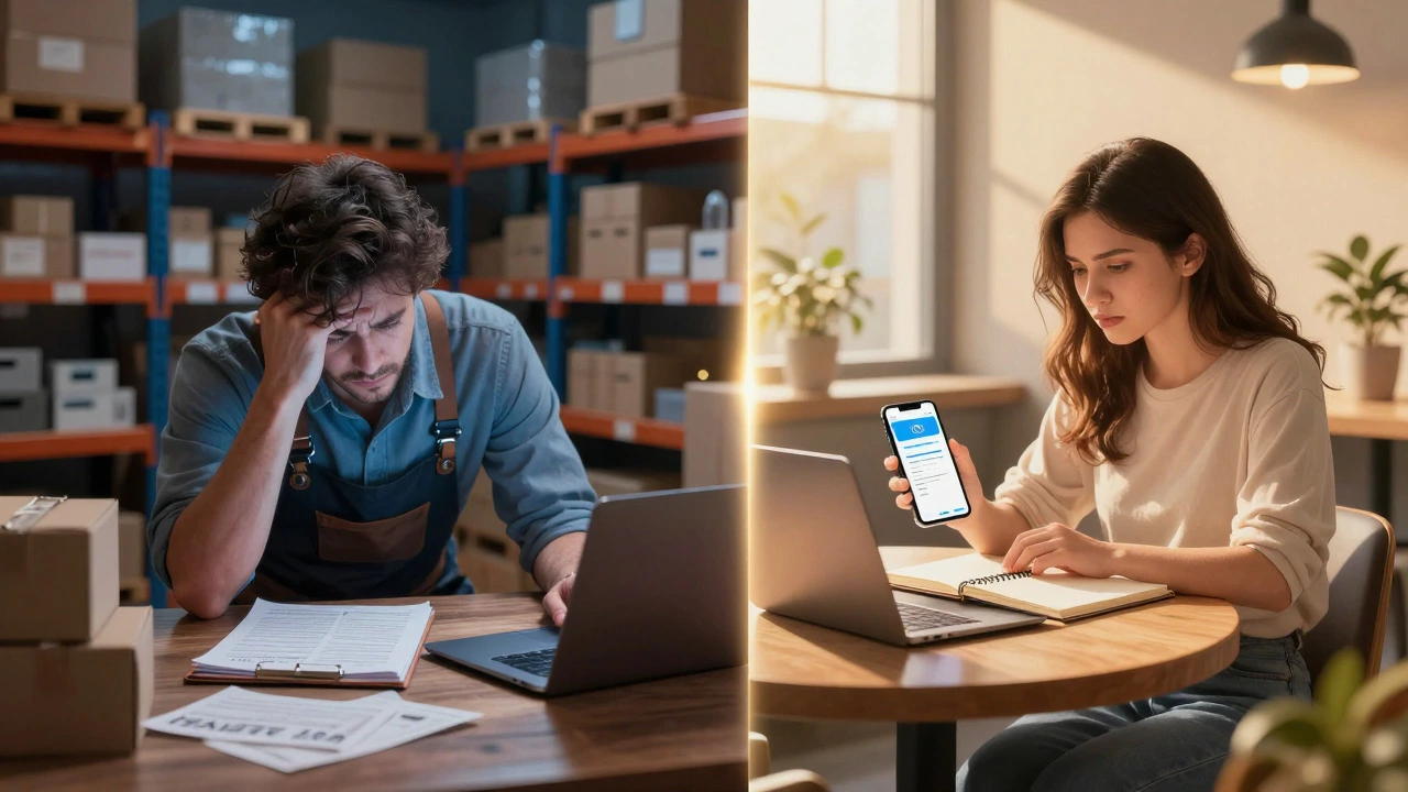 Split view comparing stressful accrual inventory work with relaxed cash basis freelancing