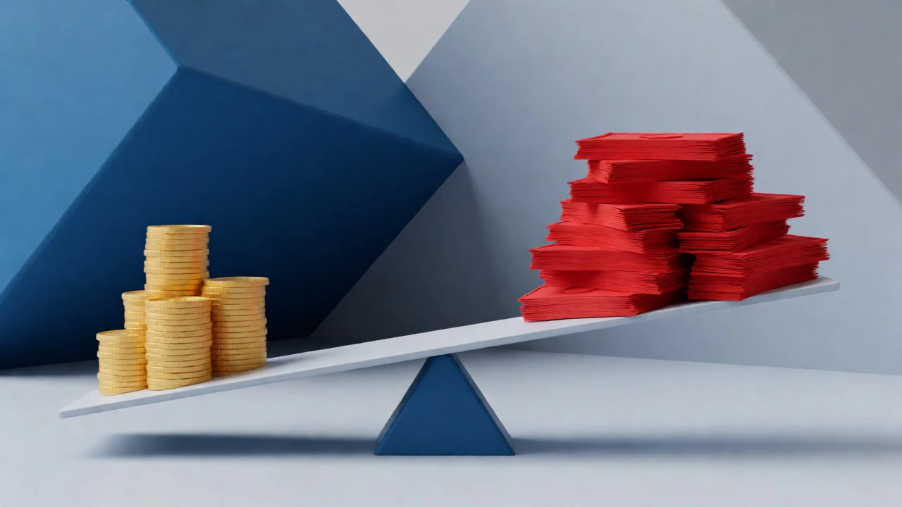 Balance scale weighing gold coins against red bills in a conceptual design