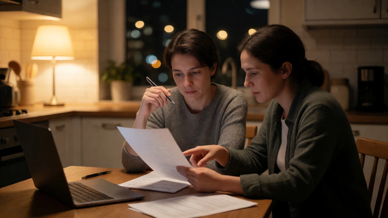 Couple reviewing loan documents at a kitchen table under warm lamp light