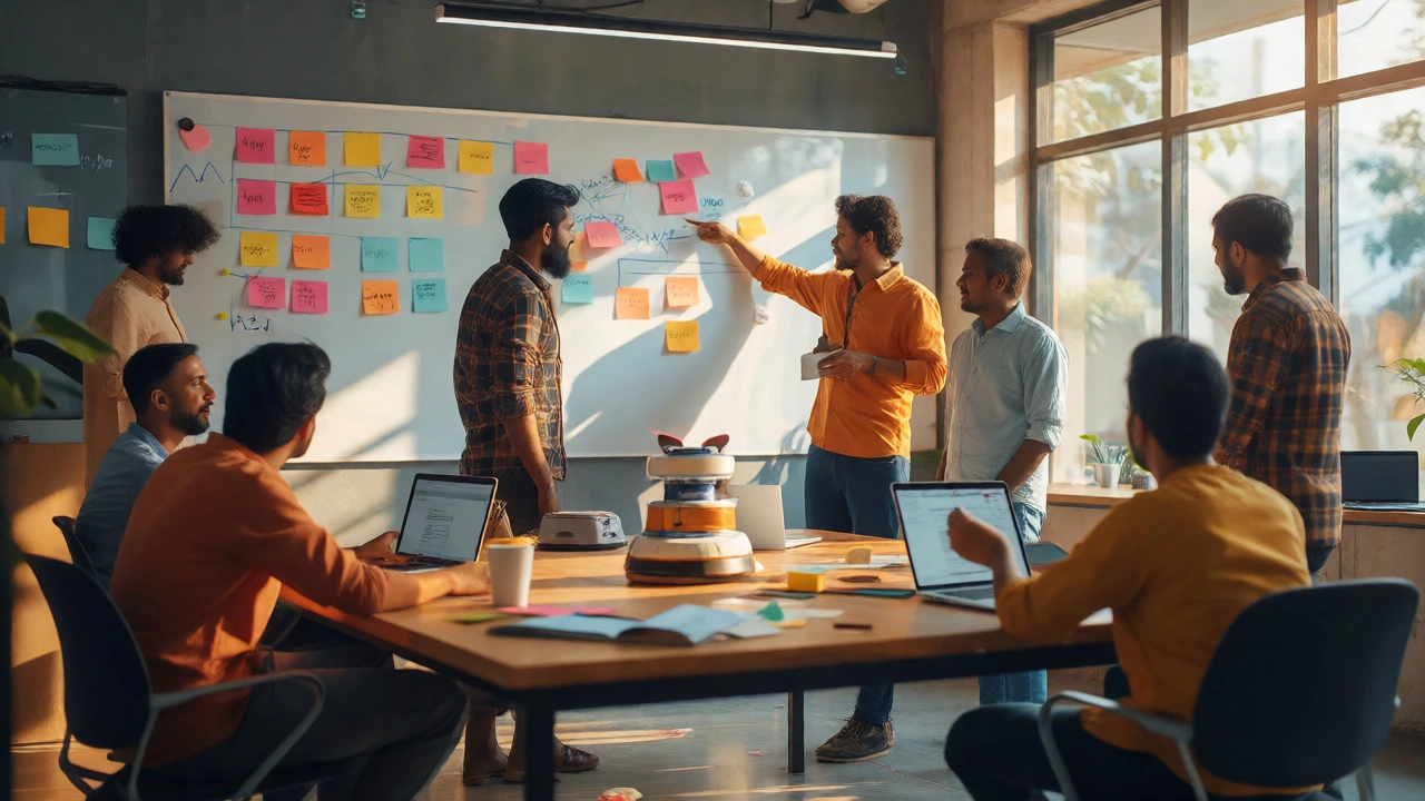 Diverse Indian startup team collaborating in a sunlit co-working space