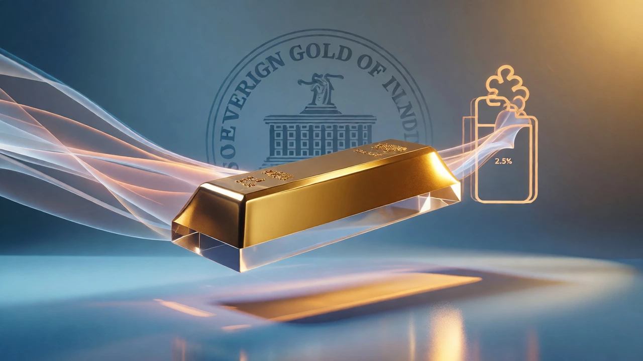 Floating gold bar with light streams representing Sovereign Gold Bond interest.