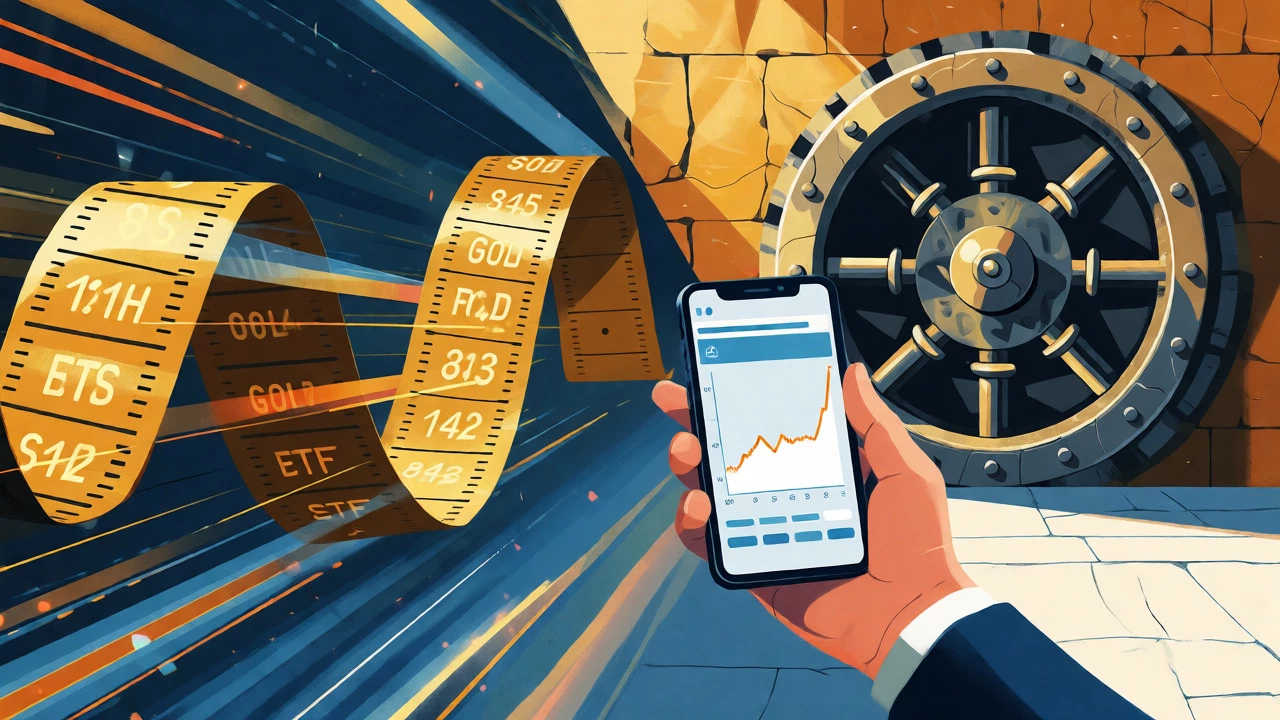 Gold stock ticker tape versus a secure vault symbolizing investment choices.