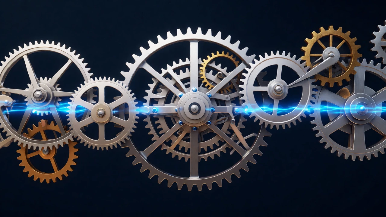 Interlocking silver and brass gears with blue energy pulses symbolizing precise credit management.