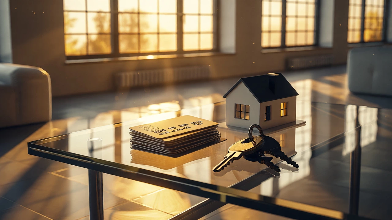 Premium credit cards, car keys, and a house model on a sunlit table representing financial perks.