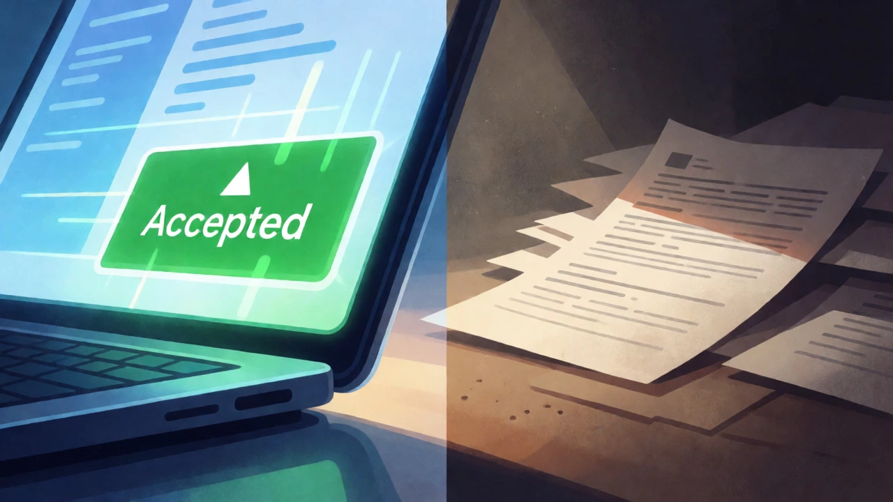 Split view comparing fast digital e-filing with slow paper processing queues