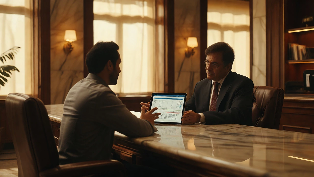 Banker discussing investment portfolios with a client in a modern branch.