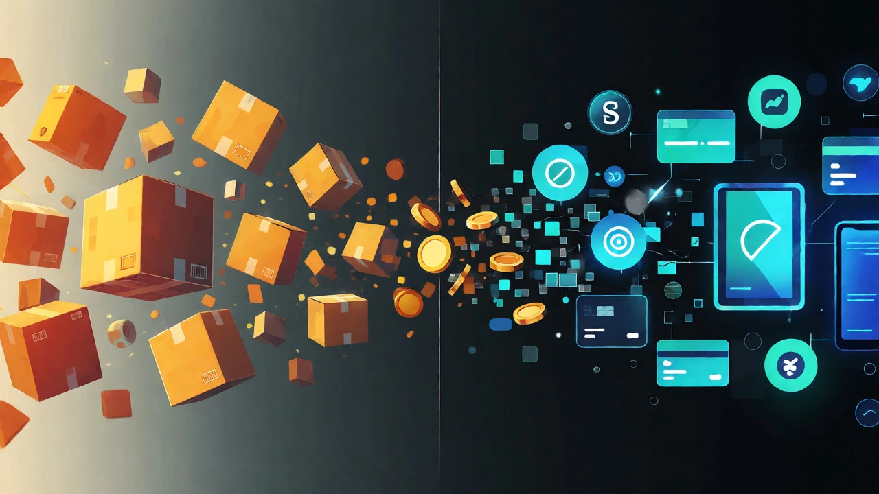 Conceptual split showing e-commerce packages versus digital fintech icons