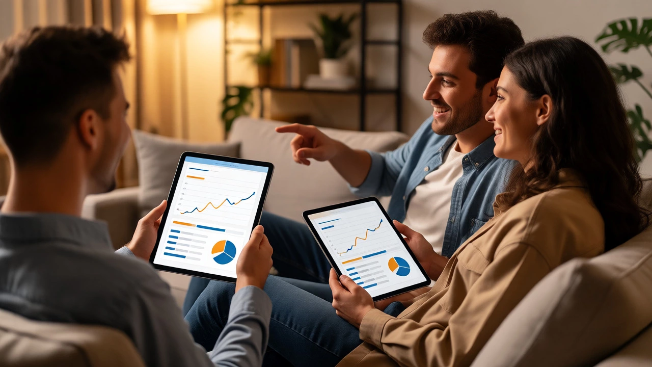 Couple reviewing financial growth on tablets in a cozy living room