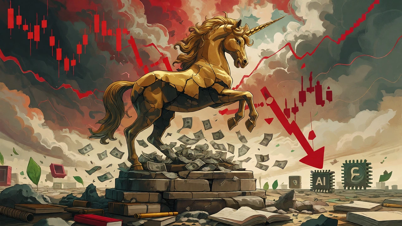 Cracking golden unicorn statue on a pedestal of books amidst stormy market lines