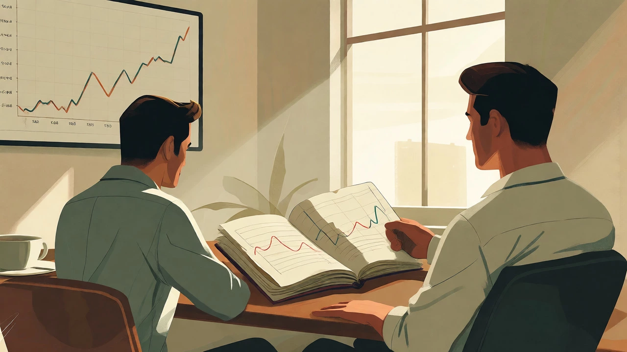 Disciplined trader calmly reviewing journals in a bright, serene office.