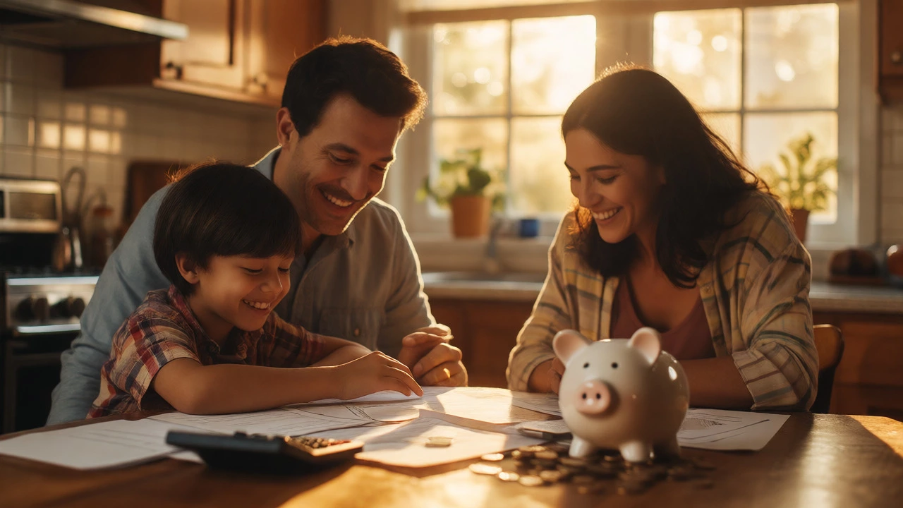 Family reviewing tax documents with coins and calculator