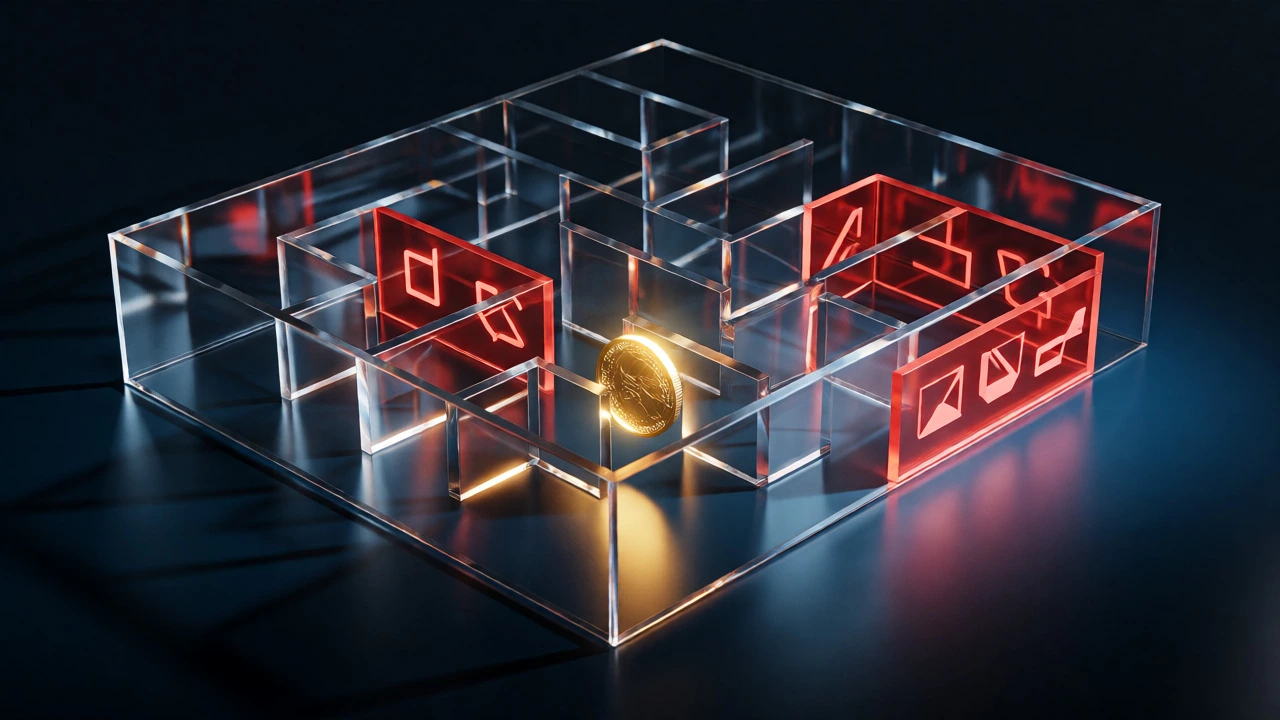 Golden coin navigating a glass maze representing savings conditions