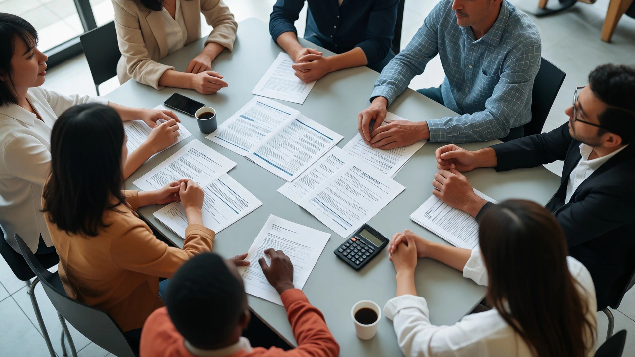 Group discussing financial documents at a table