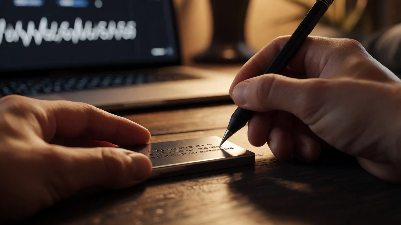 Hands carefully writing a seed phrase onto a metal backup plate