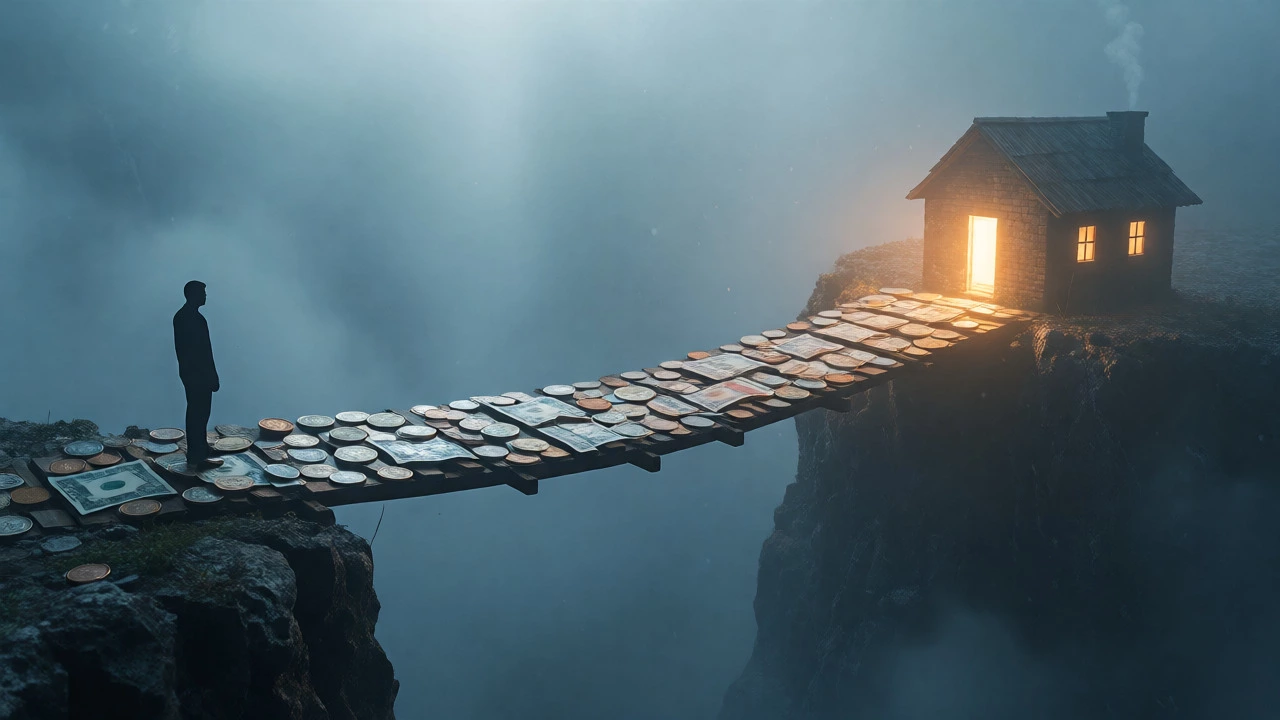 Person crossing a coin bridge over a chasm