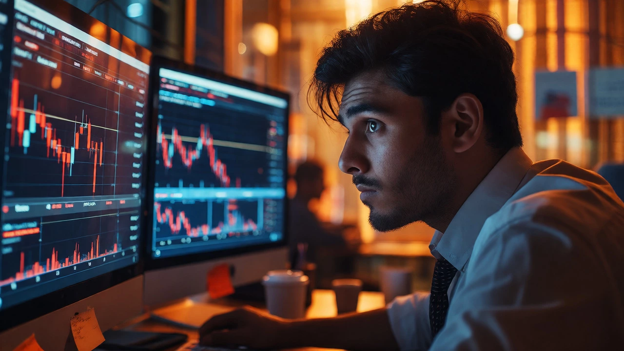Stressed trader staring at red charts, reflecting anxiety and loss aversion.